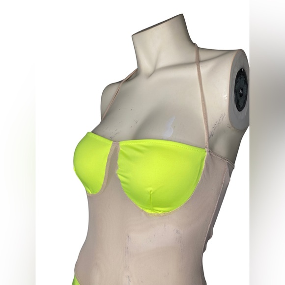 C.BRIDGETT Sexy Neon Yellow & Nude Sheer Mesh Color Block Halter Dress Cover Up - Picture 12 of 14